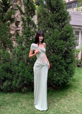 Sexy Seaside Holiday One Shoulder Pleated Lace Niche French Maxi Dress Women Dress Summer Dating Dress HZ0319