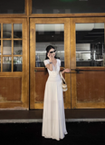 Elegant Lace V-neck Pleated Slim Fit Long Skirt Women Summer Dress Dating Dress HZ0319