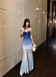 Elegant Sweetheart Neck Gradient Blue Pleated Slim Fit Waist Mermaid Maxi Dress Women Summer Dress HZ0319