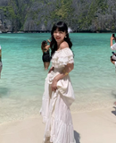Pretty Off-the-shoulder Ruffle Pleated Beach Vacation Seaside Dress Women Summer Maxi Dress HZ0319