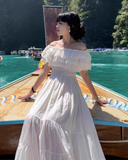 Pretty Off-the-shoulder Ruffle Pleated Beach Vacation Seaside Dress Women Summer Maxi Dress HZ0319