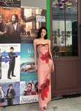 Seaside Spaghetti Straps Print Lace Pleated Ankle Long Skirt Women Summer Dress Beach Mesh Dress HZ0319