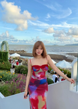 Pretty Spaghetti Straps Holiday Oil Painting Island Dress Long Skirt Women Summer Dress HZ0319