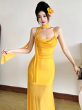Seaside Halter Pleated Backless Tulle Island Long Skirt Women Summer Dress Date Dress HZ0319