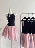 Pretty Halter Polka Dot Pleated Tulle Bowknot Rose Summer Dress Women Date Dress HZ0319