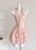 Cute Halter Polka Dot Pleated Tulle Tiered Summer Princess Dress Women Date Dress HZ0319