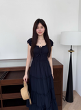 Minimalist Square Neckline Lace-up Pleated Ruffle Long Skirt Summer Dress Women Dress HZ0319