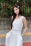 Fashion Crew Neck Pleated Long Women Dress Summer Date Dress with Studded Belt HZ0319
