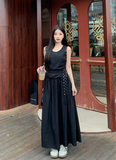 Fashion Crew Neck Pleated Long Women Dress Summer Date Dress with Studded Belt HZ0319