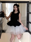 Sweet Crew Neck Pleated Tulle Short Skirt Princess Dress Summer Women Date Dress HZ0319