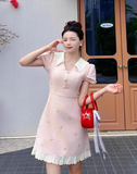 Cute A Line V-neck Bowknot Pleated Casual Dress Short Women Skirt Summer Date Dress HZ0319