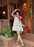 Cute Polka Dots Lace-up Pleated Ruffle Short Women Dress Sweet Dress Date Dress HZ0319