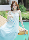 Island Spaghetti Straps Gradient Color Flower Long Vacation Dress Summer Women Dress HZ0319