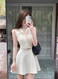 Minimalist A Neckline Polo Neck Casual Date Dress Women Summer Skirt with Belt HZ0319