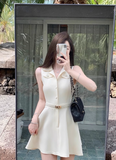 Minimalist A Neckline Polo Neck Casual Date Dress Women Summer Skirt with Belt HZ0319