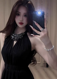 Shiny A Line Halter Crystal Black Pleated Casual Short Party Dress Women Summer Date Dress HZ0319