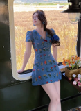 Casual V-neck Priting Flower Short Summer Dress Women Vacation Seaside Dress HZ0319