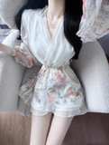 Elegant V-neck Print Ruffle Puff Sleeve Short Summer Skirt Women Date Party Dress HZ0319