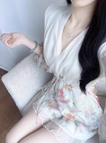Elegant V-neck Print Ruffle Puff Sleeve Short Summer Skirt Women Date Party Dress HZ0319