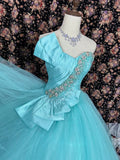 Gorgeous Asymmetrical Neck Crystal Beaded Pleated Rhinestone Tulle Ball Gown Prom Dress Birthday Quinceanera Dress Evening Dress HZ0319