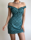 Vintage Off the Shoulder Pleated Checkered Short Skirt Women Dress Summer Date Dress HZ0319
