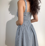 Retro Square Neck Striped Lace up Women Vacation Dress Summer Date Dress HZ0319