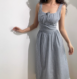 Retro Square Neck Striped Lace up Women Vacation Dress Summer Date Dress HZ0319