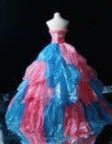 Sweet Strapless Ruffle Appliqies Flower Tiered Pleated Ball Gown Prom Dress Quinceanera Dress Evening Dress HZ0319