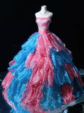 Sweet Strapless Ruffle Appliqies Flower Tiered Pleated Ball Gown Prom Dress Quinceanera Dress Evening Dress HZ0319