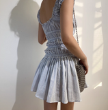 Cute Square Neckline Ruffle Pleated Short Skirt Teenage Girl Women Summer Dress Vacation Seaside Dress HZ0319