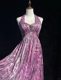 Elegant Halter Pleated Print Backless Prom Dress Evening Dress Party Dress HZ0319