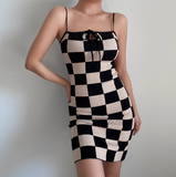 Sexy Spaghetti Straps Checkered Short Fitted Skirt Wommen Teenage Girl Summer Date Dress HZ0319