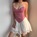 Sweet A Line Spaghetti Straps Checkered Short Skirt Women Teenage Girl Summer Vacation Dress HZ0319