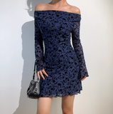 Retro Off the Shoulder Print Long Sleeves Short Skirt Women Teenage Girl Summer Date Dress HZ0319