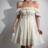 Retro Off the Shoulder Puff Sleeves Flower Short Skirt Women Teenage Girl Summer Date Dress HZ0319