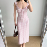 Sweet Ruffle Straps Pink Checkered Lace up Teenage Girl Women Summer Date Dress Seaside Dress HZ0319