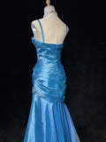 Charming Prom Dress Blue Spaghetti Straps Pleated Mermaid Evening Dress Gala Dress Party Dress HZ0319