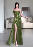 Shiny Prom Dress Green Strapless Pleated Slit Evening Dress Gala Dress Party Dress HZ0319
