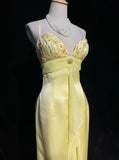 Stunning Prom Dress Light Yellow Spaghetti Straps Pleated Gala Dress Evening Dresses Party Dress HZ0319