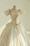 Elegant Square Neck Lace Ruffle Pleated Wedding Dress HZ0319