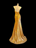 Shiny Prom Dress Gold Spaghetti Straps Pleated Slit Mermaid Evening Dresses Gala Dress HZ0319