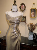 Shiny Prom Dress Spaghetti Straps Pleated Mermaid Evening Dress Gala Dress HZ0319