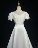 Elegant White A Line Crew Neck Wedding Dress HZ0319
