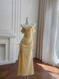 Pretty Prom Dress Spaghetti Straps Pleated Slit Long Birthday Party Outfits Cocktail Dress HZ0319