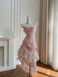 Stunning Prom Dress Pink Spaghetti Straps Lace Asymmetrical Hem Birthday Party Outfits Cocktail Dress HZ0319