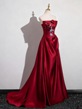 Pretty Prom Dress Wine Red A Line Strapless Pleated Prom Dress Evening Gown Gala Dress HZ0319