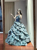 Charming Prom Dress Strapless Tiered Pleated Ball Gown Birthday Party Dresss HZ0319