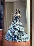 Charming Prom Dress Strapless Tiered Pleated Ball Gown Birthday Party Dresss HZ0319