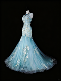 Beauty Prom Dress Light Blue Pleated Tulle Mermaid Evening Dress Birthday Party Outfits HZ0319