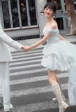 Minimalist Wedding Dress Off Shoulder Pleated Hi-Lo Short Wedding Dress Prom Dress HZ0319